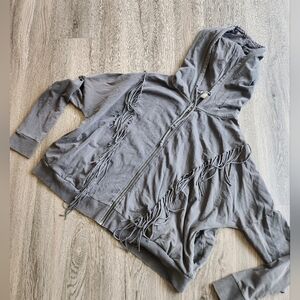 Amuse Gray Fringed Zip Up Oversized Hooded Sweatshirt